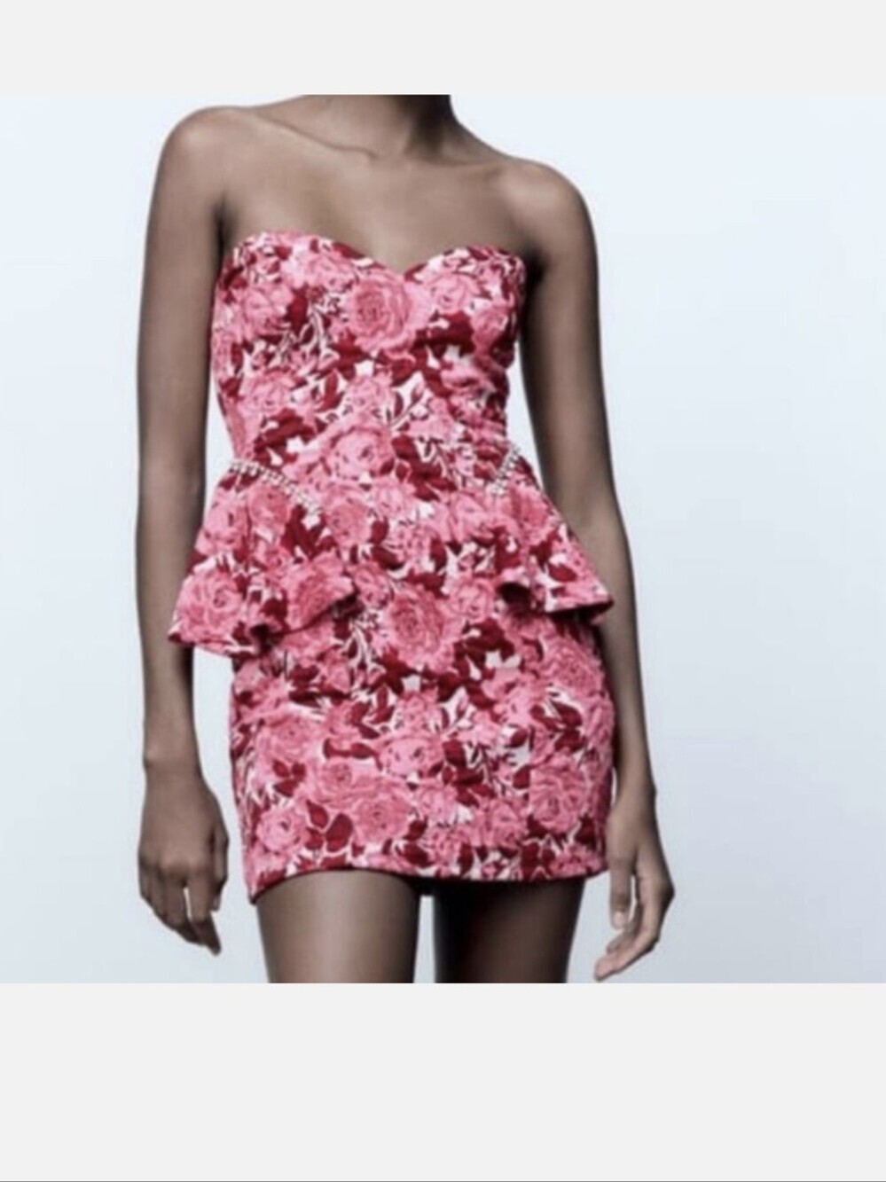 Zara, Jaquard Strapless Pink Floral Peplum Mini Dress, S